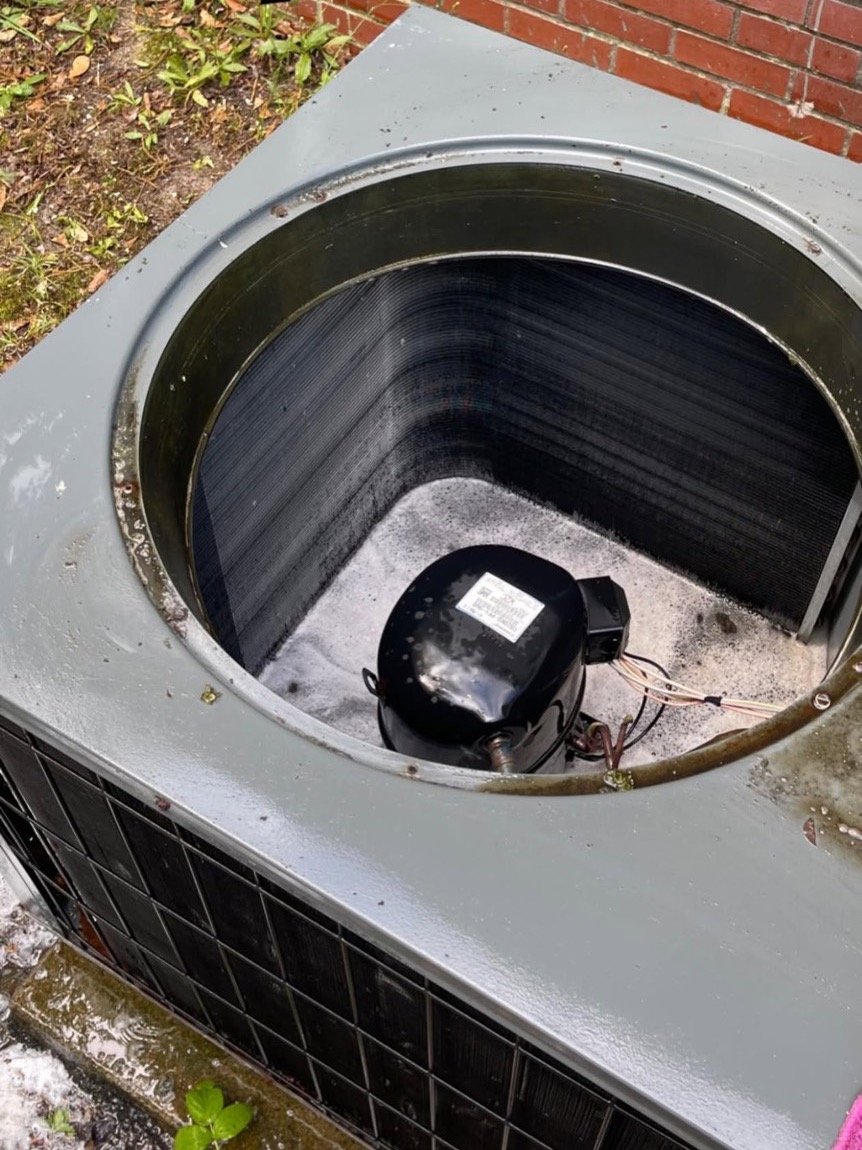Freshly cleaned HVAC condenser coil after a Barfield's Heating & Air maintenance visit